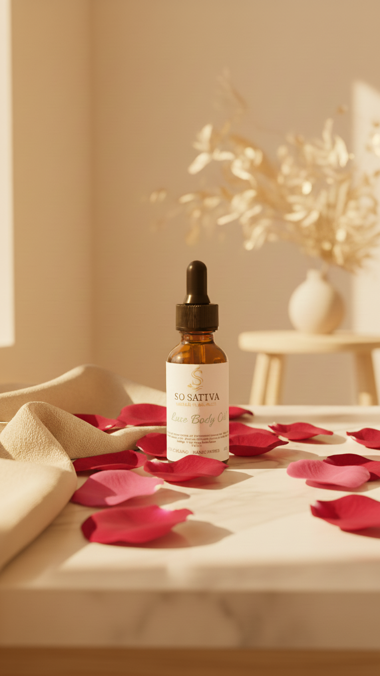 Amber dropper bottle of serum surrounded by red rose petals on a marble surface with a blurred floral background.