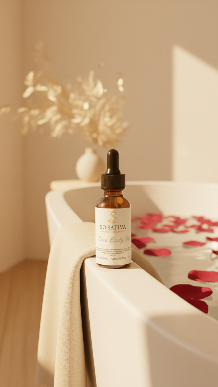 Amber dropper bottle of serum surrounded by red rose petals on a marble surface with a blurred floral background.
