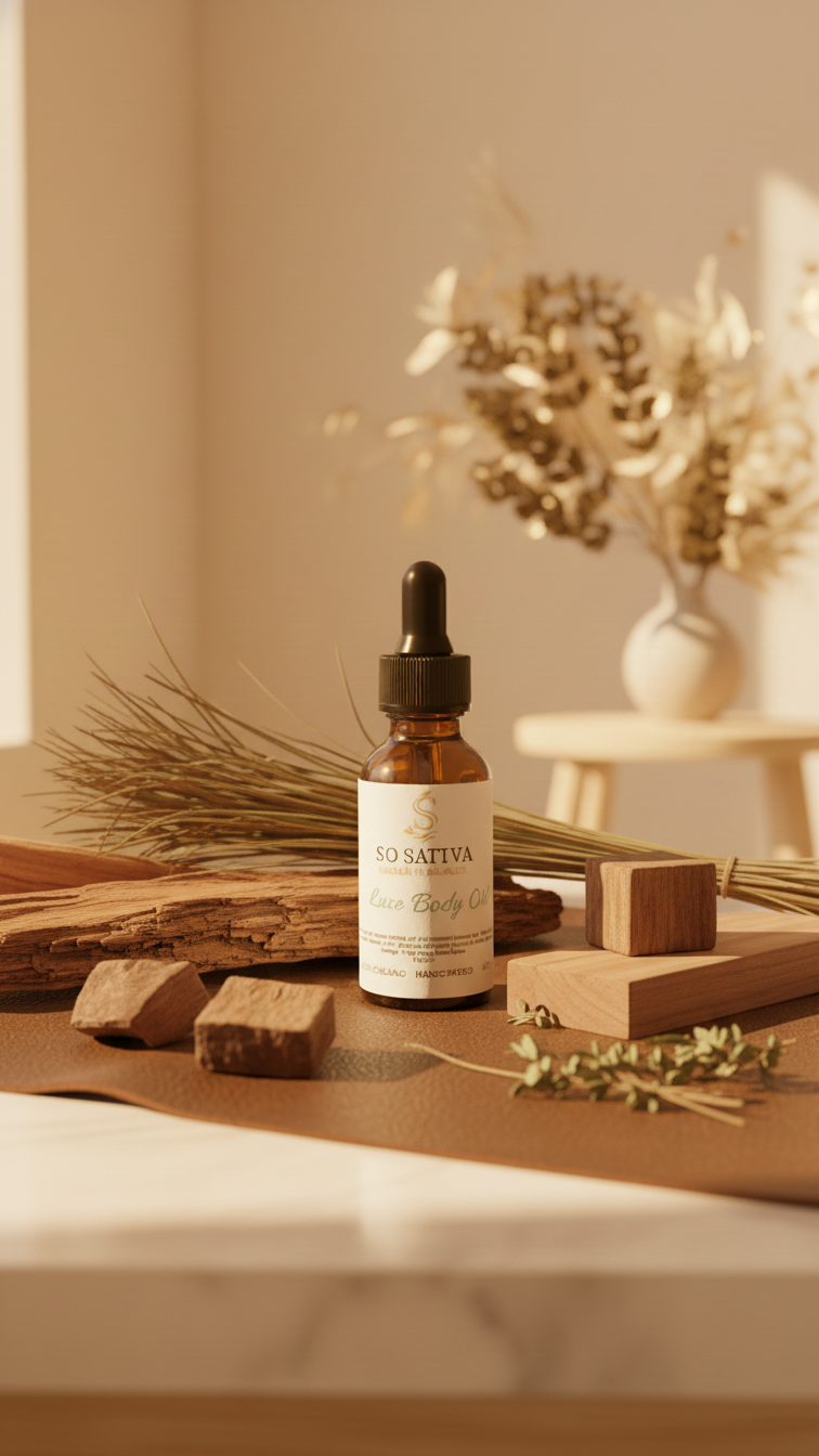 A brown dropper bottle stands on a beige surface with dried herbs, wood blocks, and a vase of dried flowers in the back.