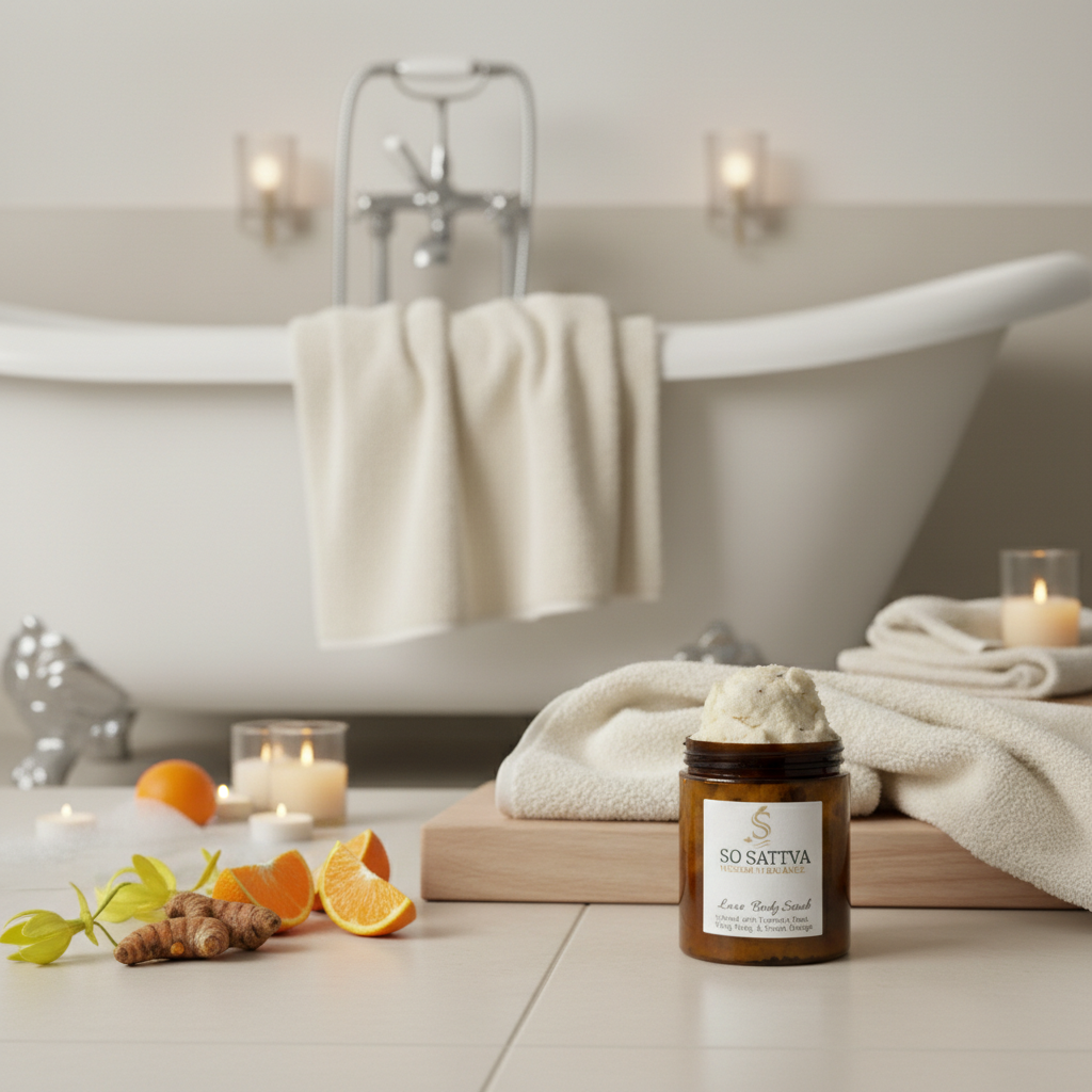 A jar of So Sattva body scrub surrounded by oranges and turmeric roots on a wooden board, with a bathtub in the background.