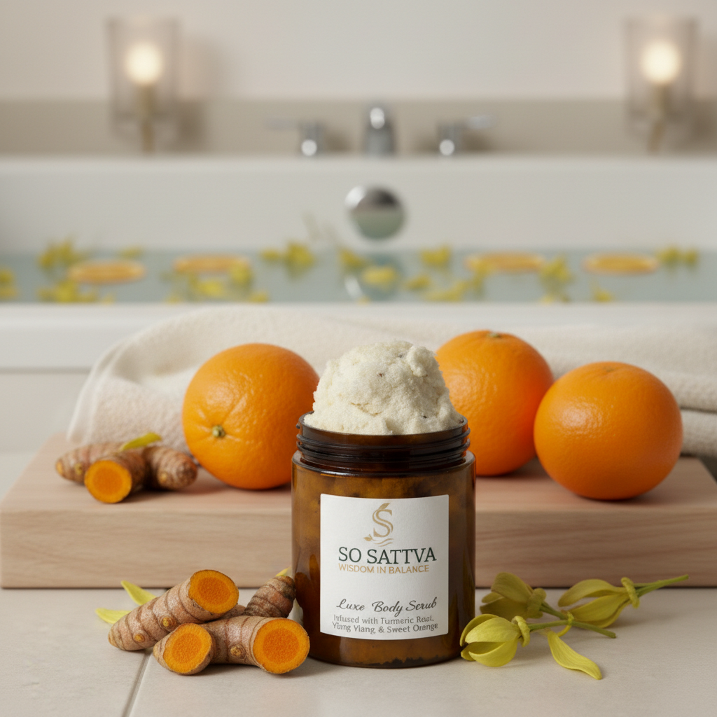 A jar of So Sattva body scrub surrounded by oranges and turmeric roots on a wooden board, with a bathtub in the background.