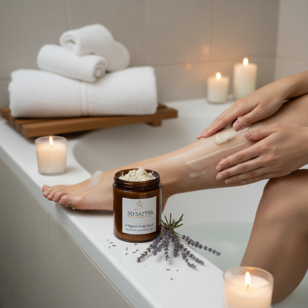 A person applies lavender sugar scrub to their leg by a bathtub with white towels, sprigs of lavender, and lit candles.
