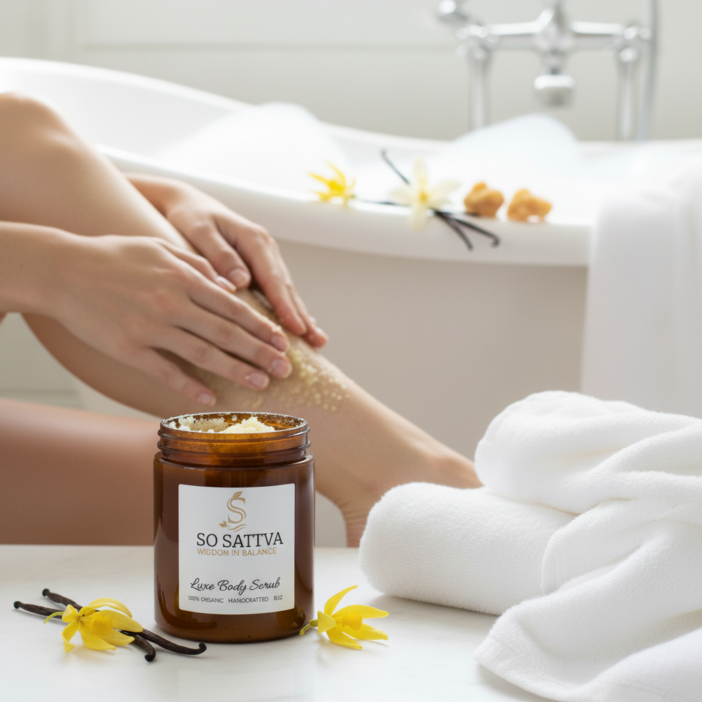An amber jar of light-colored body scrub, set on a wooden surface with vanilla beans, crystals, and white towels nearby.