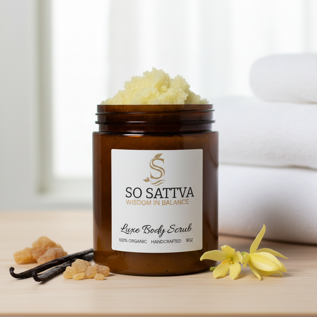 An amber jar of light-colored body scrub, set on a wooden surface with vanilla beans, crystals, and white towels nearby.