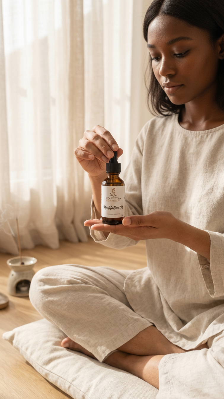 Hands hold a brown dropper bottle near an incense stick emitting smoke, surrounded by herbs and wood pieces in a room.