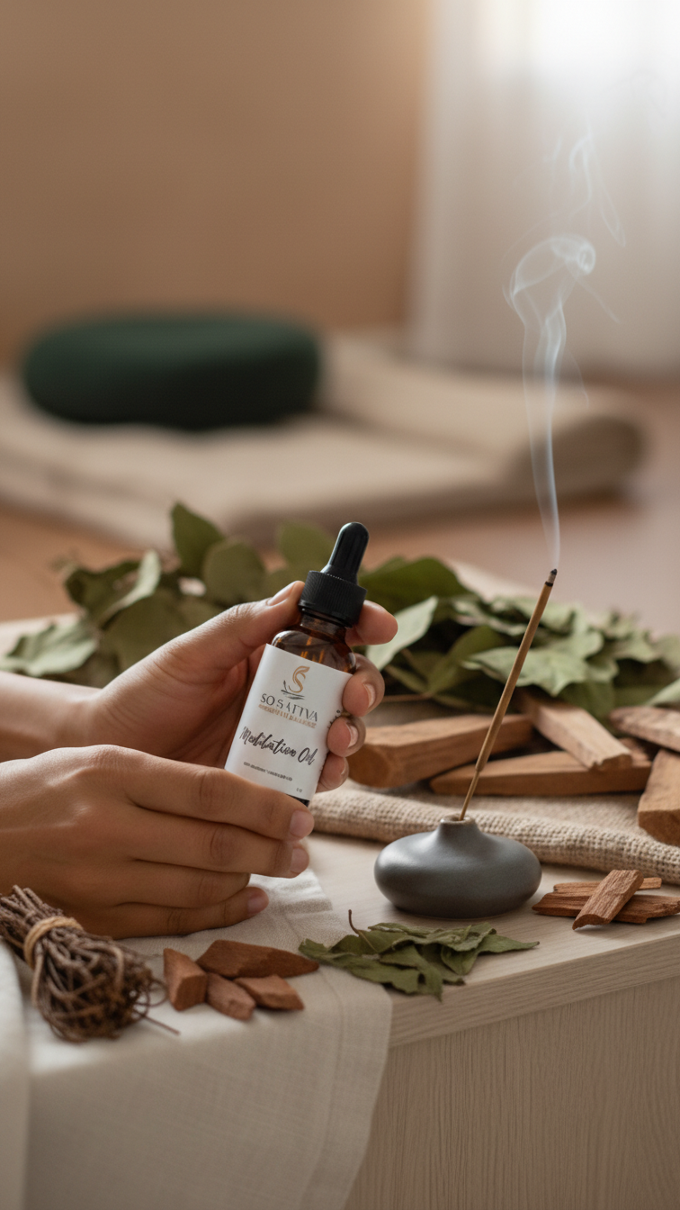 Hands hold a brown dropper bottle near an incense stick emitting smoke, surrounded by herbs and wood pieces in a room.