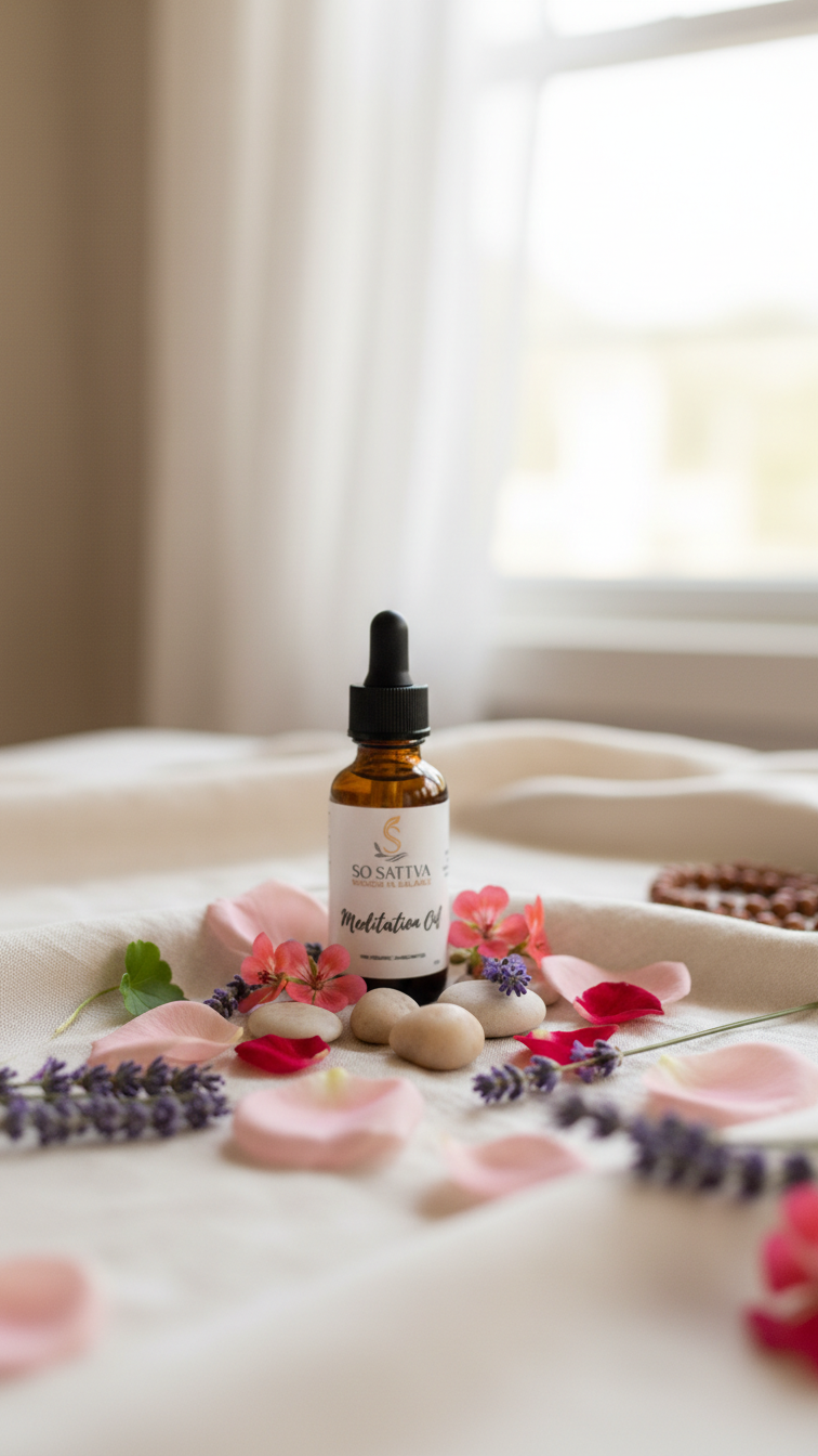 A bottle of So Sattva Meditation Oil centered on draped beige fabric, surrounded by lavender, pink roses, and smooth stones.