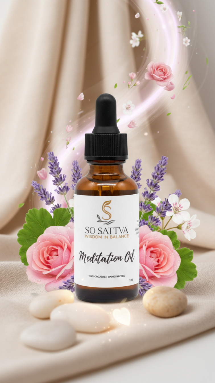 A bottle of So Sattva Meditation Oil centered on draped beige fabric, surrounded by lavender, pink roses, and smooth stones.