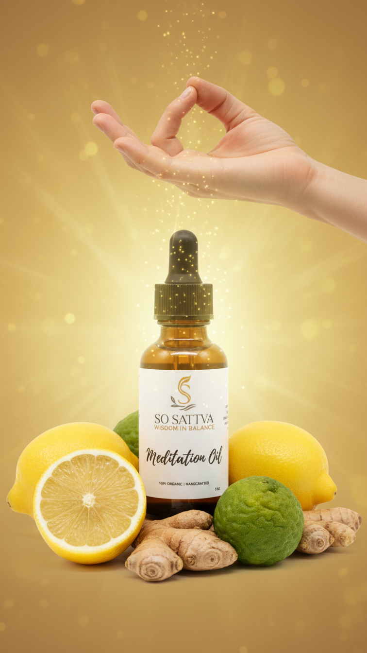 A bottle of So-Sattva manifestation oil surrounded by lemons, limes, and ginger, topped by a hand in a meditative pose.