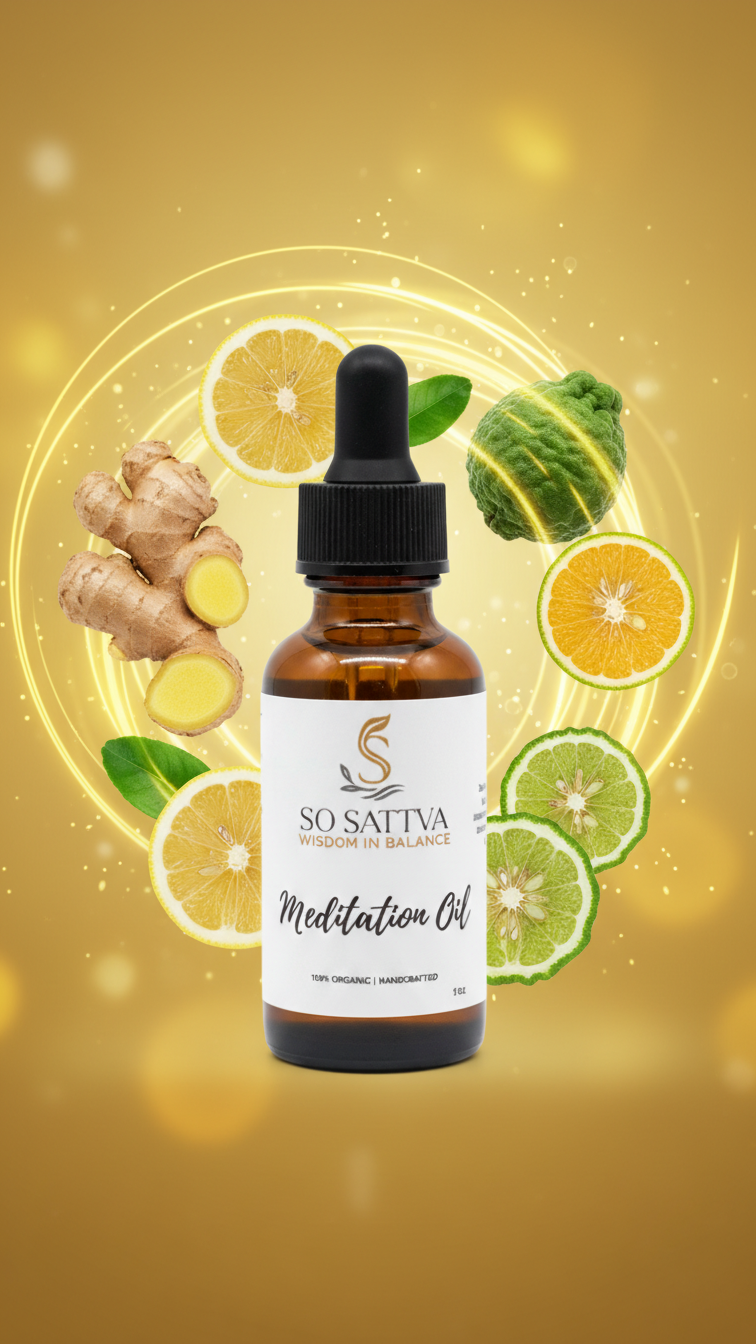 A bottle of So-Sattva manifestation oil surrounded by lemons, limes, and ginger, topped by a hand in a meditative pose.