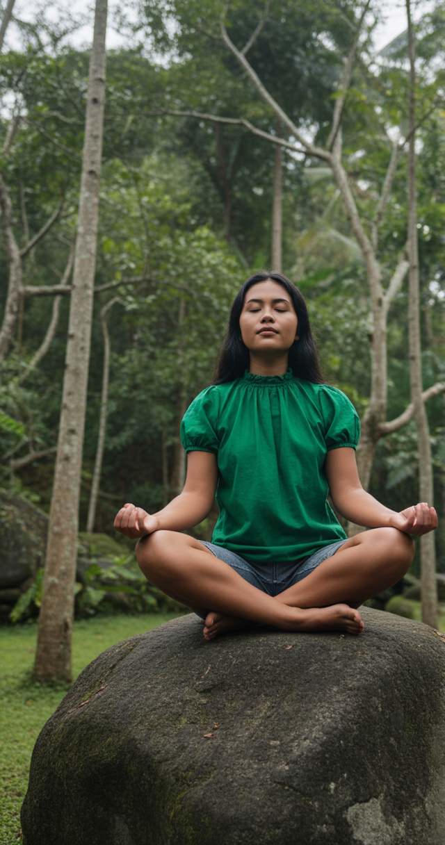 Person meditating cross-legged on a large rock in a green forest, wearing a bright green top.