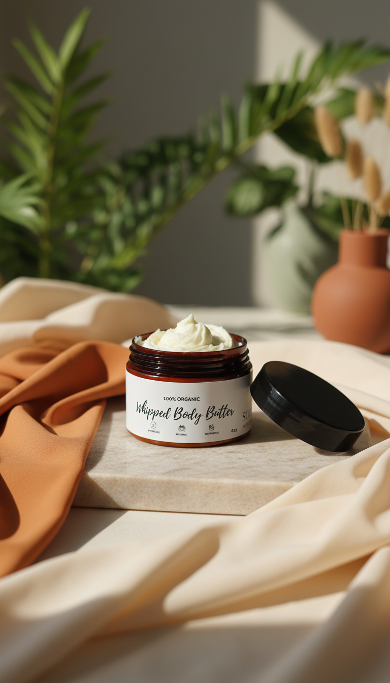 An open jar of whipped body butter sits on a marble slab, surrounded by soft, tan fabric, indoor plants, and a vase.