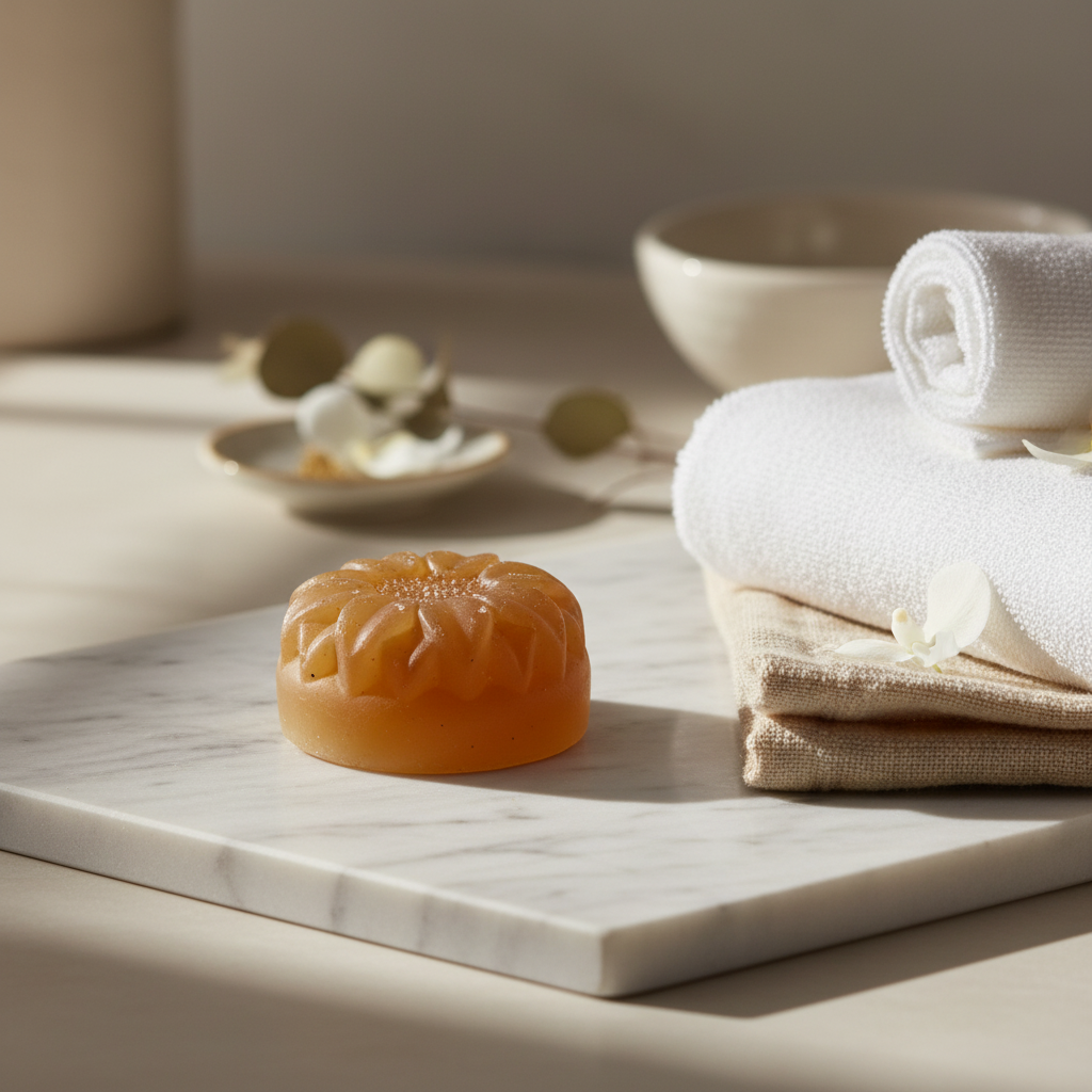 A bar of soap, orange peels, and small wood pieces on a marble tray beside folded white towels and yellow flowers.