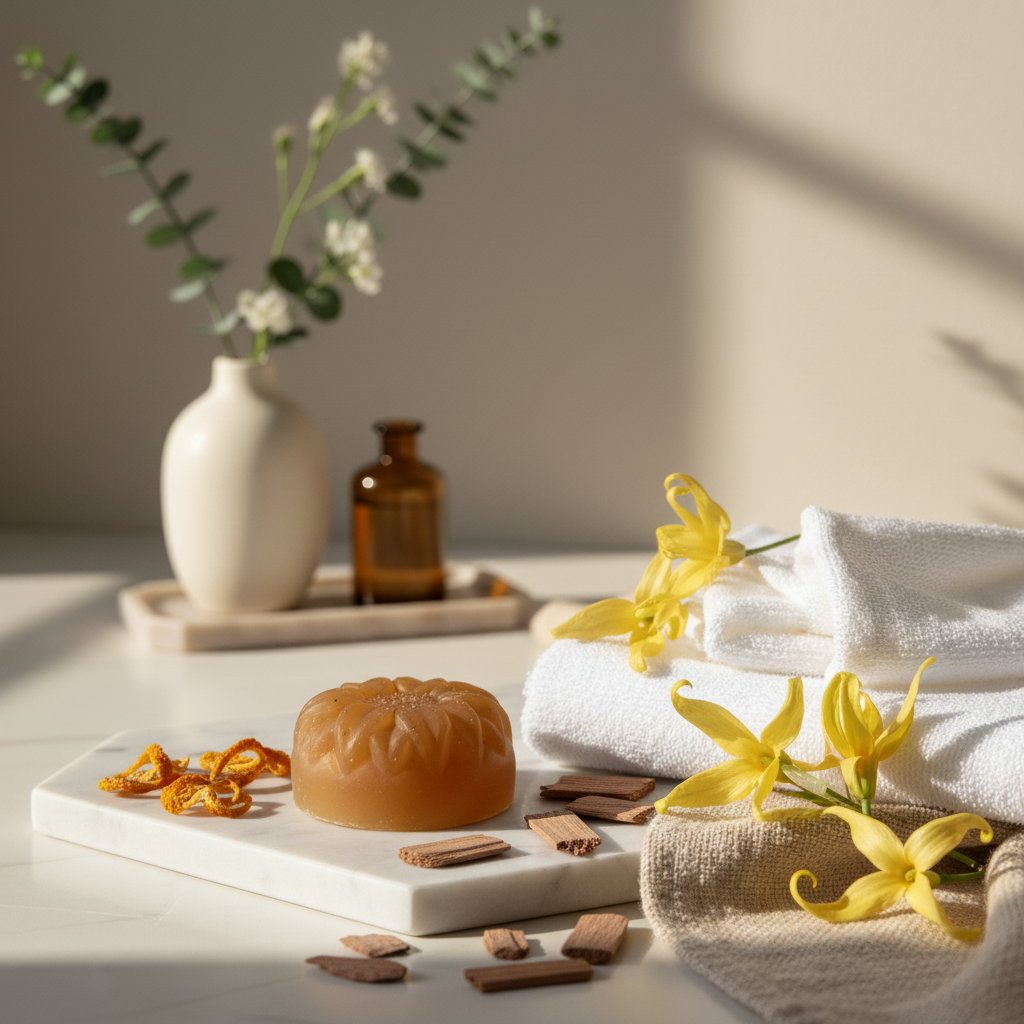 A bar of soap, orange peels, and small wood pieces on a marble tray beside folded white towels and yellow flowers.