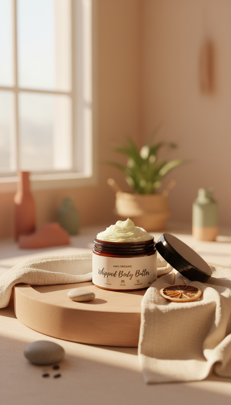 An open jar of whipped body butter sits on a marble slab, surrounded by soft, tan fabric, indoor plants, and a vase.