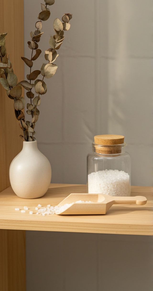 A white vase with dried sprigs, a glass jar of white crystals with a cork lid, and a wooden scoop on a wooden shelf.