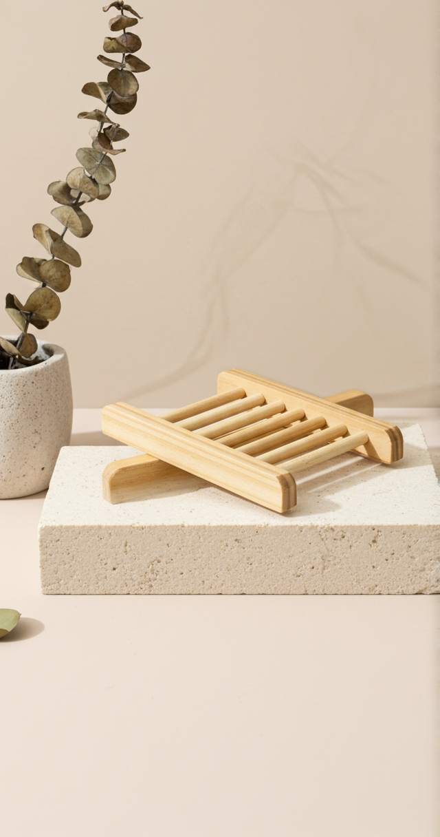 A wooden soap dish sits on a rectangular, textured stone platform next to a potted eucalyptus plant.
