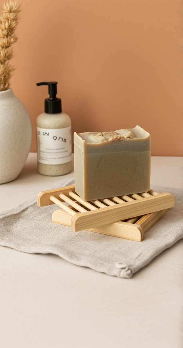 A wooden soap dish sits on a rectangular, textured stone platform next to a potted eucalyptus plant.
