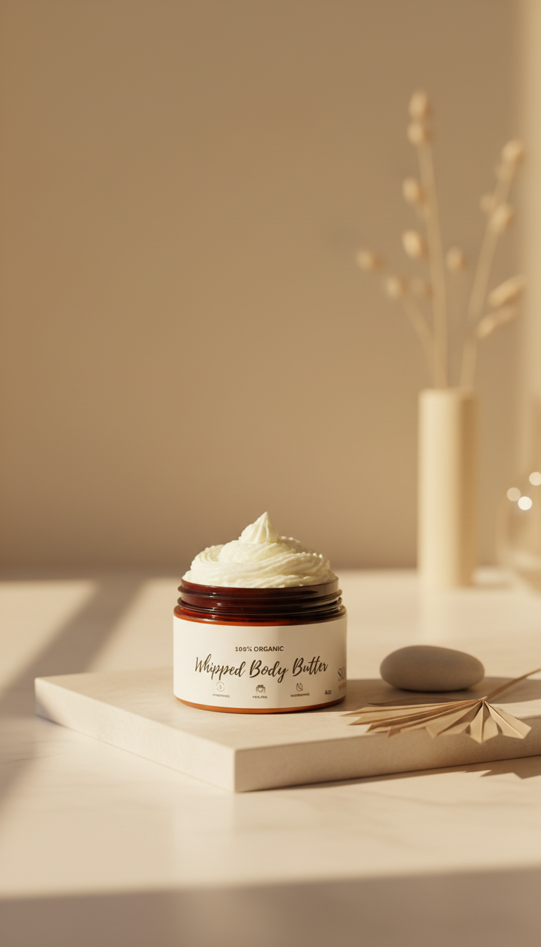A jar of white body butter sits on a stone platform next to a small rock and a vase of dried stems in warm, soft lighting.