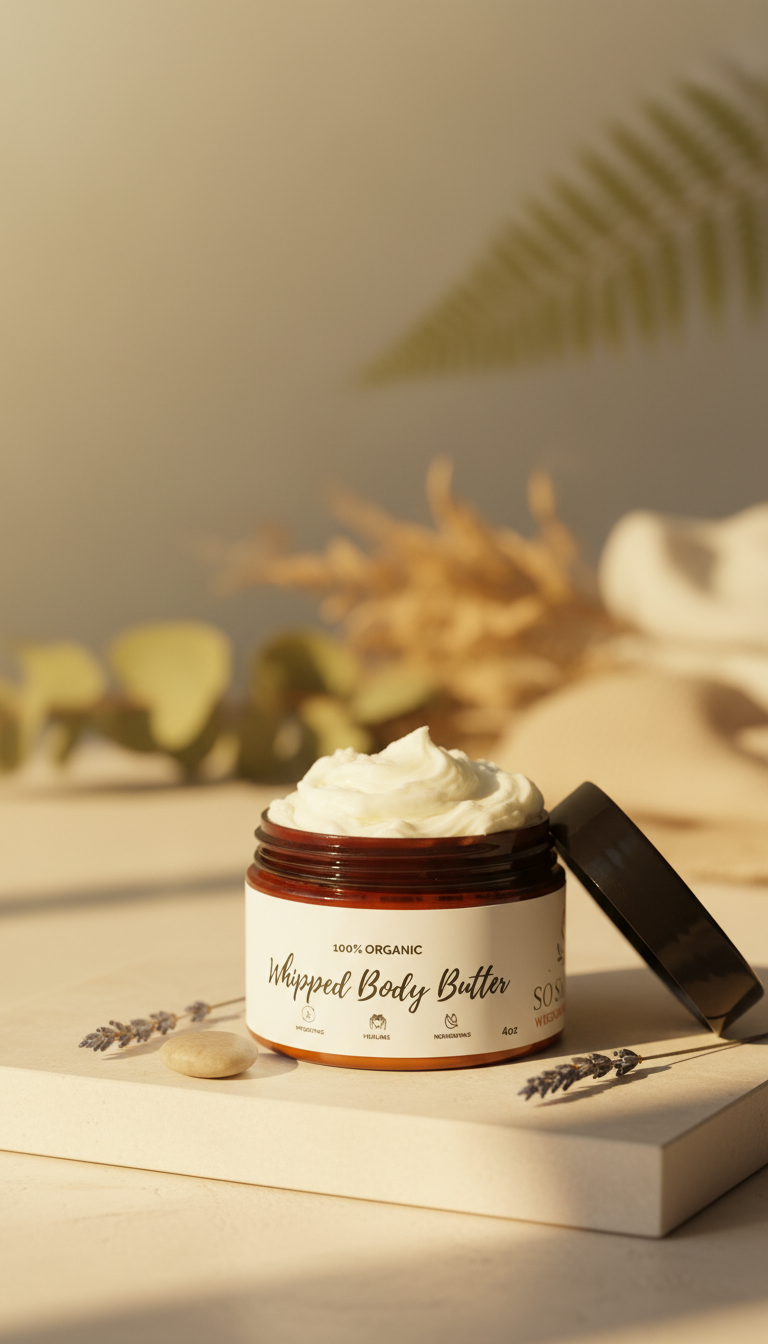 A jar of white body butter sits on a stone platform next to a small rock and a vase of dried stems in warm, soft lighting.