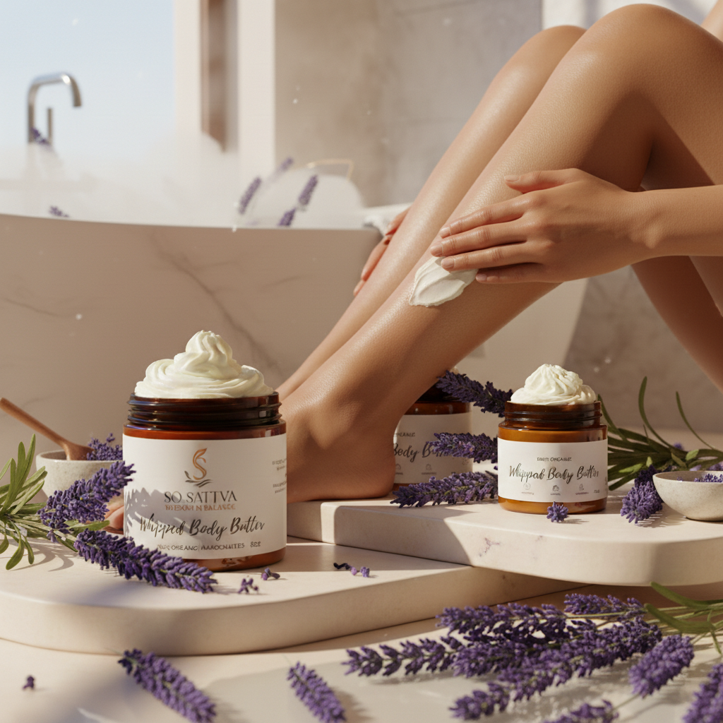 A person applies whipped body butter to their leg, surrounded by amber jars and lavender sprigs in a serene, bright spa.