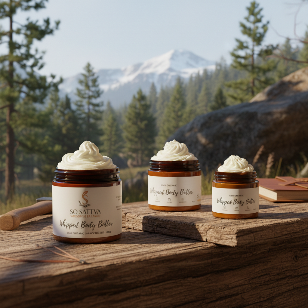 A person applies white whipped body butter from a brown jar onto their arm in a sunlit, minimalist bathroom setting.