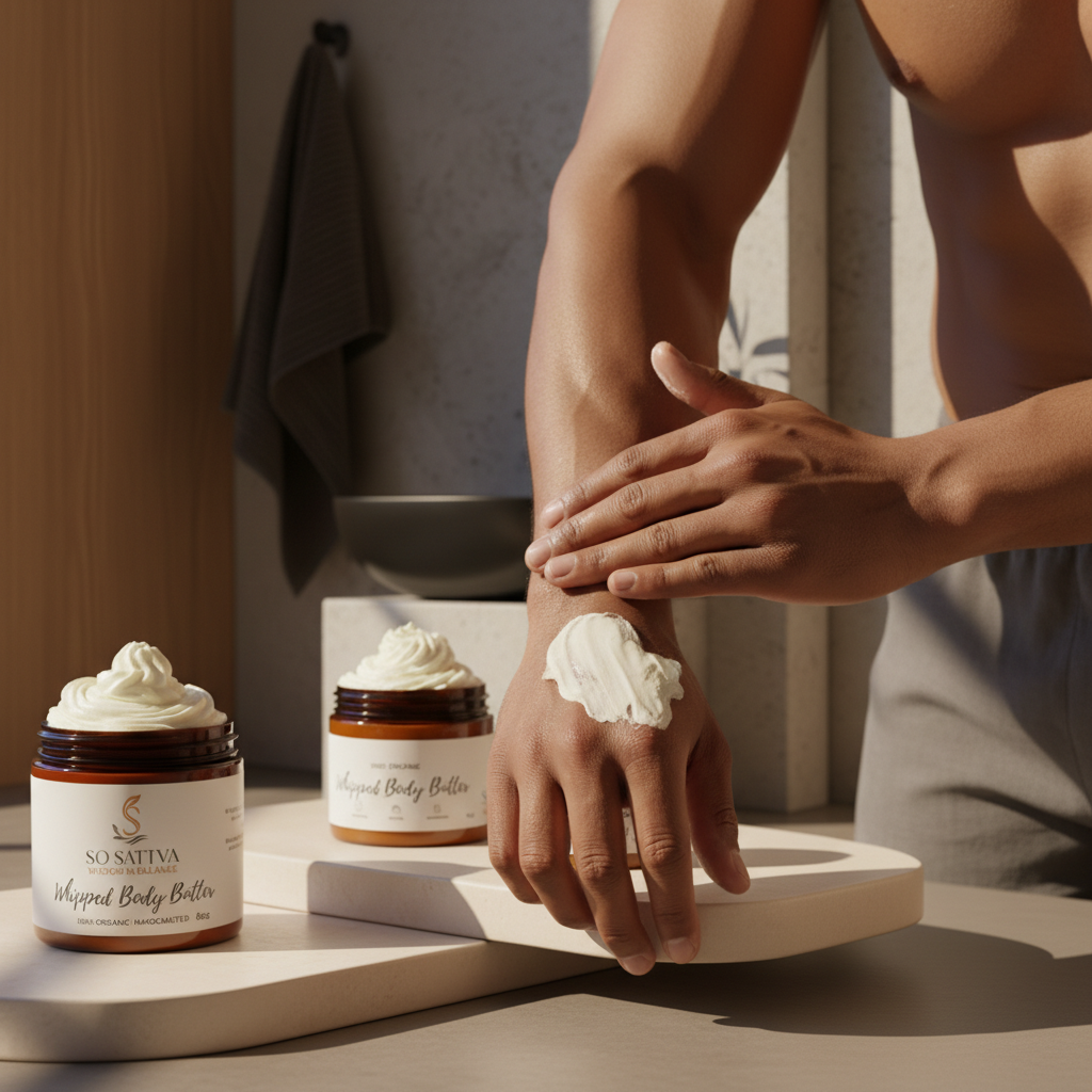 A person applies white whipped body butter from a brown jar onto their arm in a sunlit, minimalist bathroom setting.