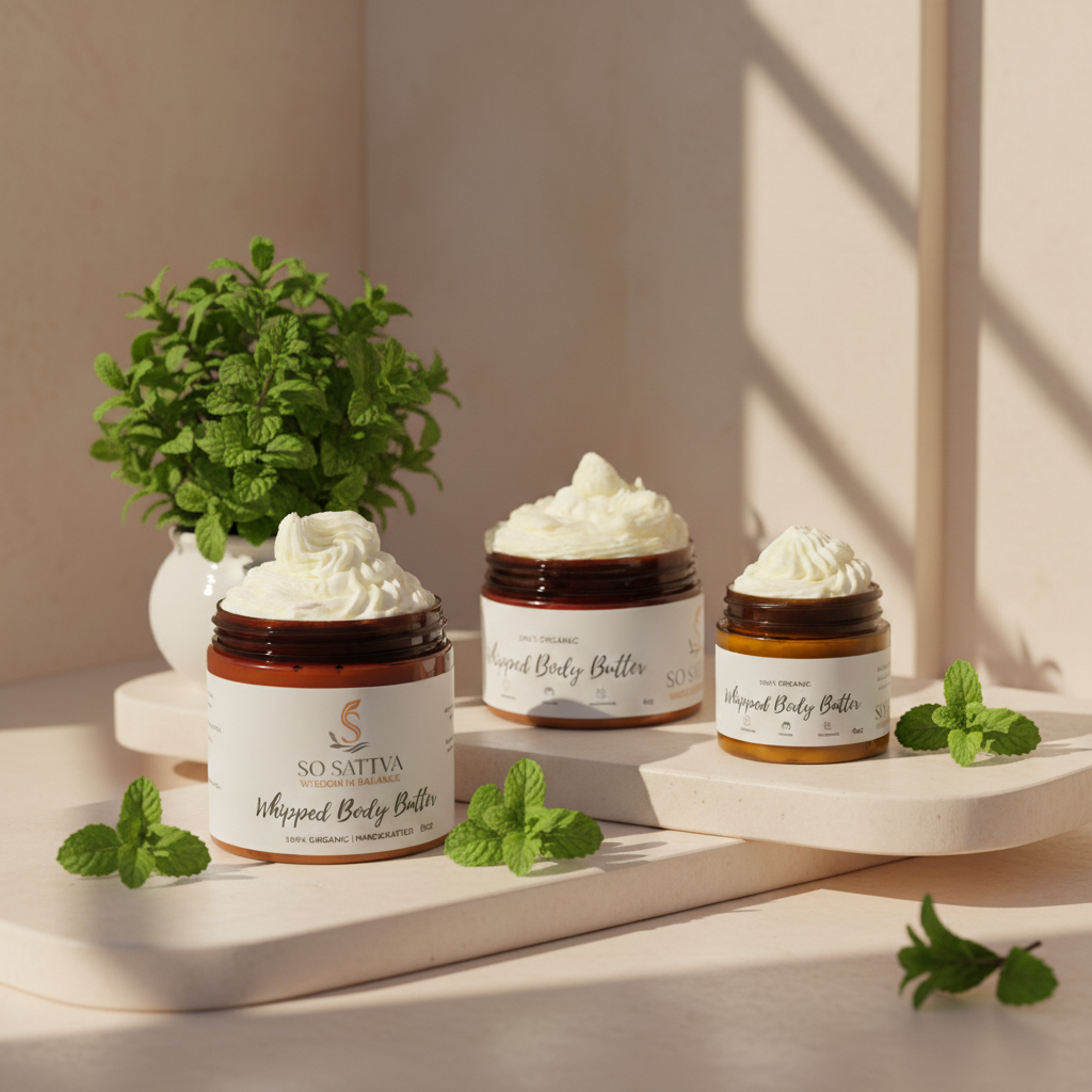 Three amber jars of white whipped body butter arranged on beige platforms with fresh mint sprigs and a small plant.