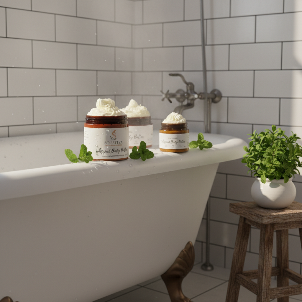 Three amber jars of white whipped body butter arranged on beige platforms with fresh mint sprigs and a small plant.