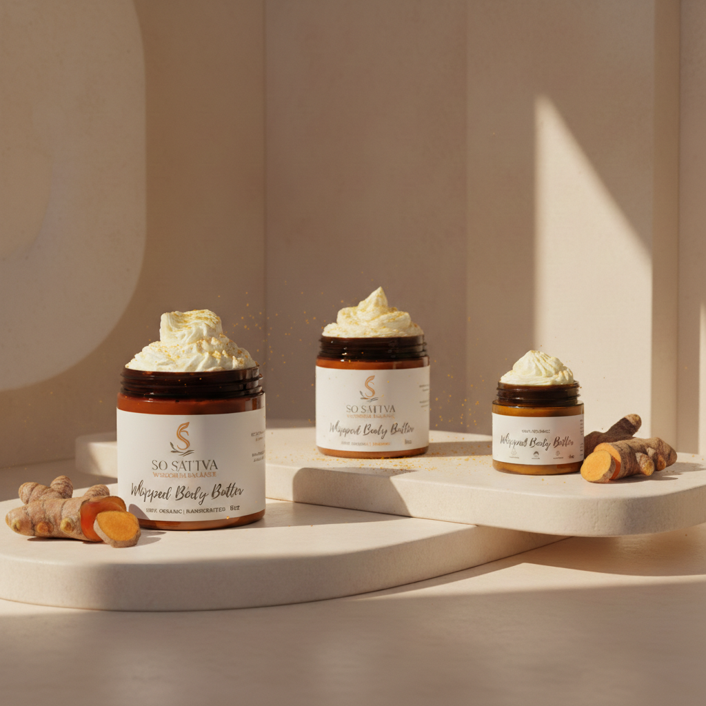 Three jars of turmeric whipped body butter in descending sizes, arranged on stone platforms with fresh turmeric roots.