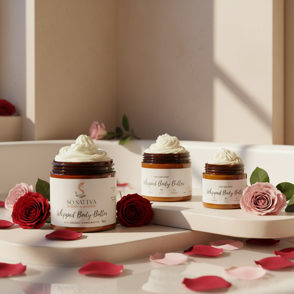 Three amber jars of whipped body butter topped with cream, surrounded by rose petals in a sunlit bathroom setting.