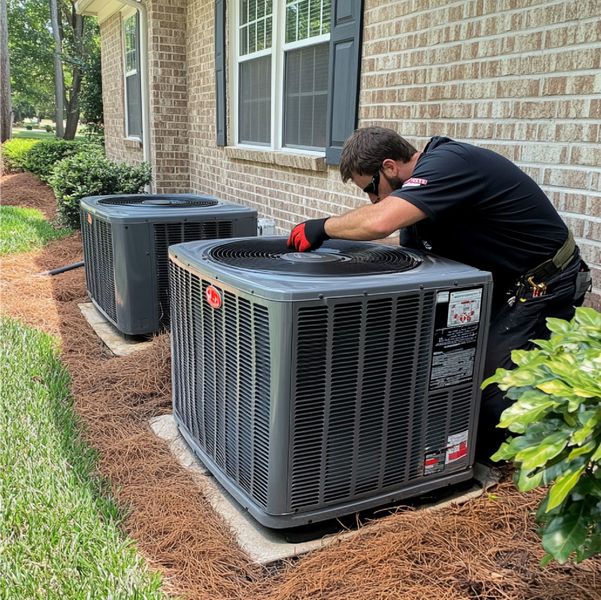 Technician servicing a gray outdoor air conditioner unit beside a brick house