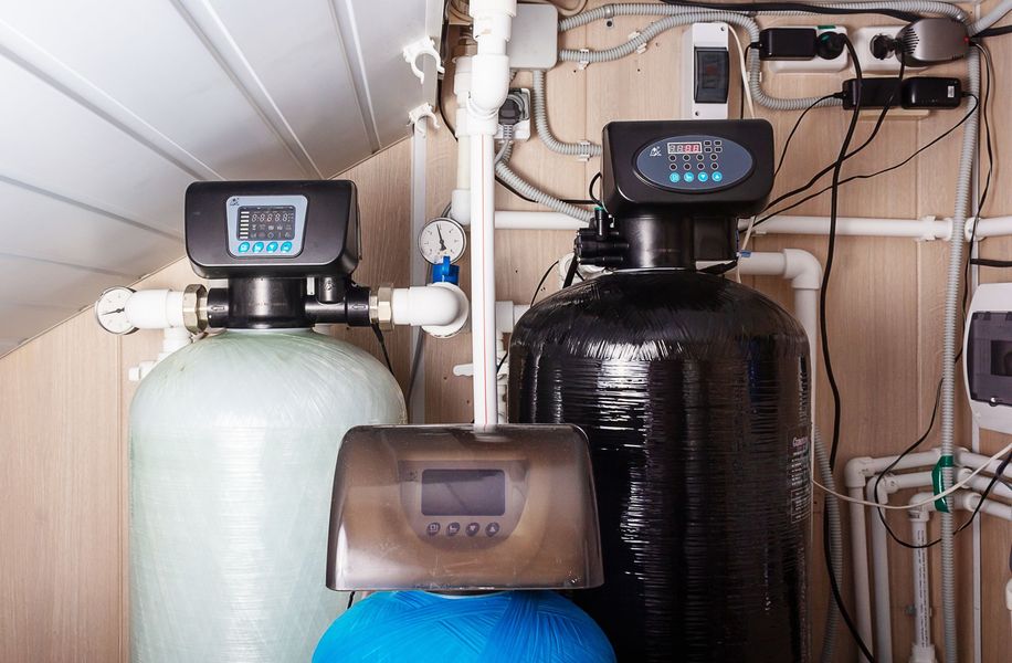 Water softener and filtration tanks with digital control heads in a utility room