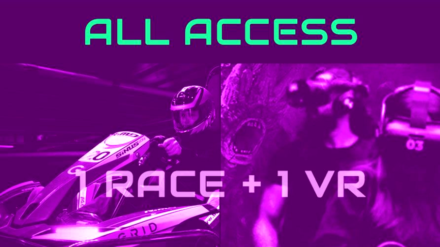 All Access combo deal at The Grid Pleasant Grove Utah including 1 go-kart race VR session and arcade card