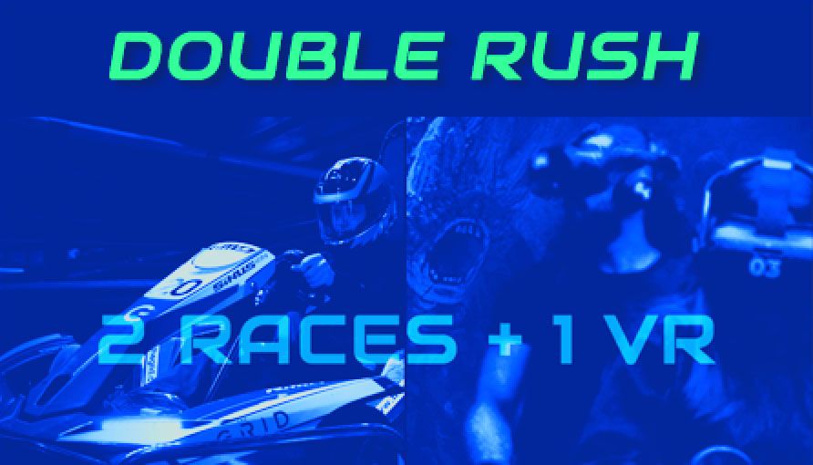 Double Rush weekend combo deal at The Grid Pleasant Grove Utah including 2 go-kart races VR session and arcade card
