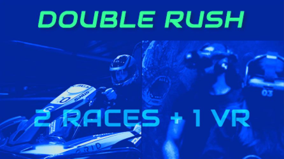 Double Rush combo deal at The Grid Pleasant Grove Utah including 2 go-kart races VR session and arcade card