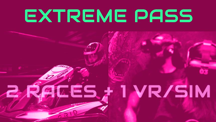 Extreme Pass weekday combo deal at The Grid Pleasant Grove Utah including 2 races GFLY simulator VR and arcade card saving $60