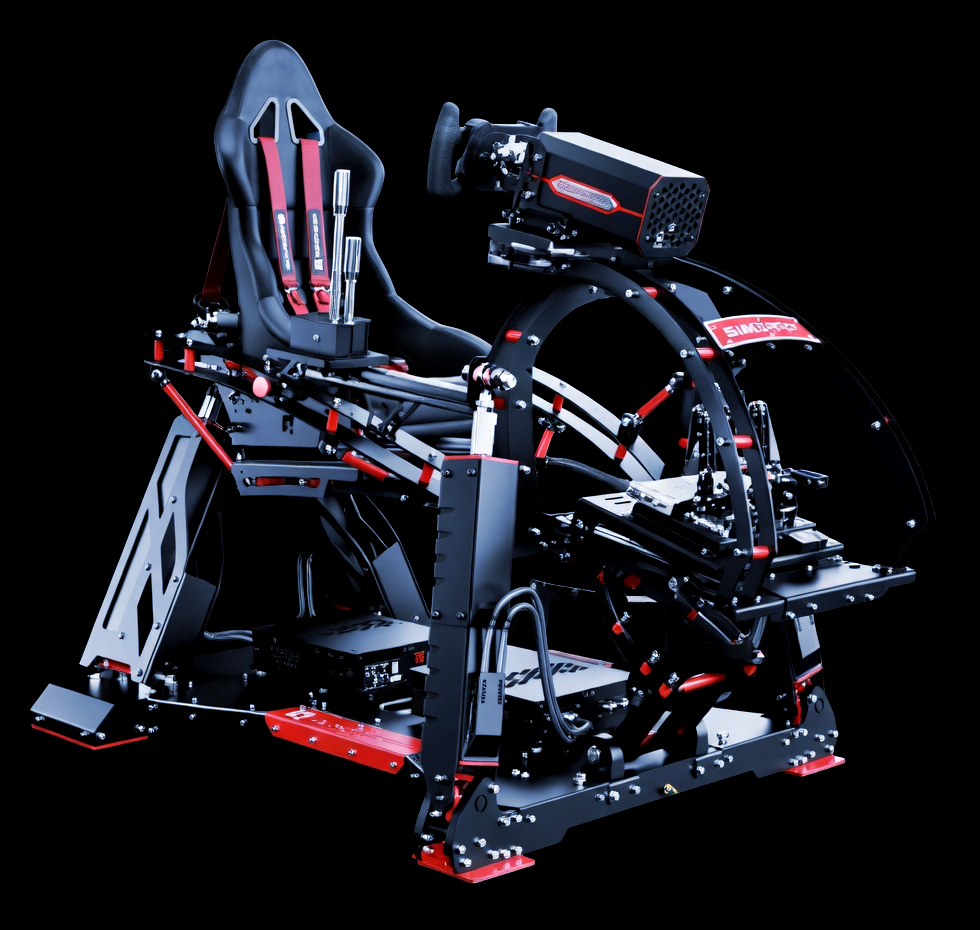 GFLY 4DOF motion simulator racing rig at The Grid Pleasant Grove Utah featuring bucket seat steering wheel and multi-axis motion platform