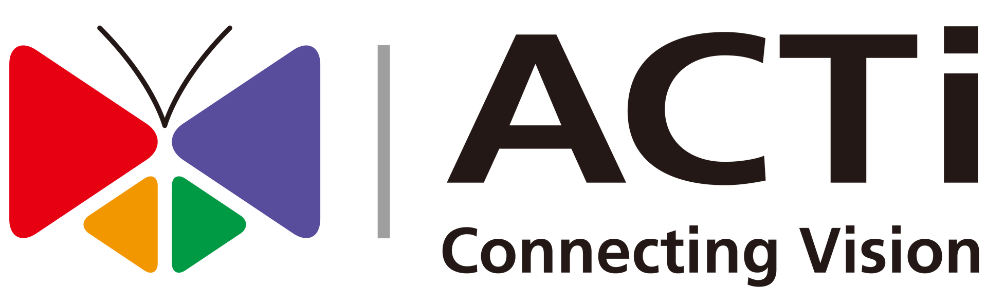 Logo of ACTi: butterfly icon with colored triangles, and the text