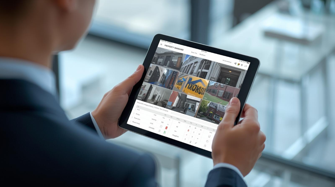 Property manager using a tablet to view access logs and live video feeds for multi building location