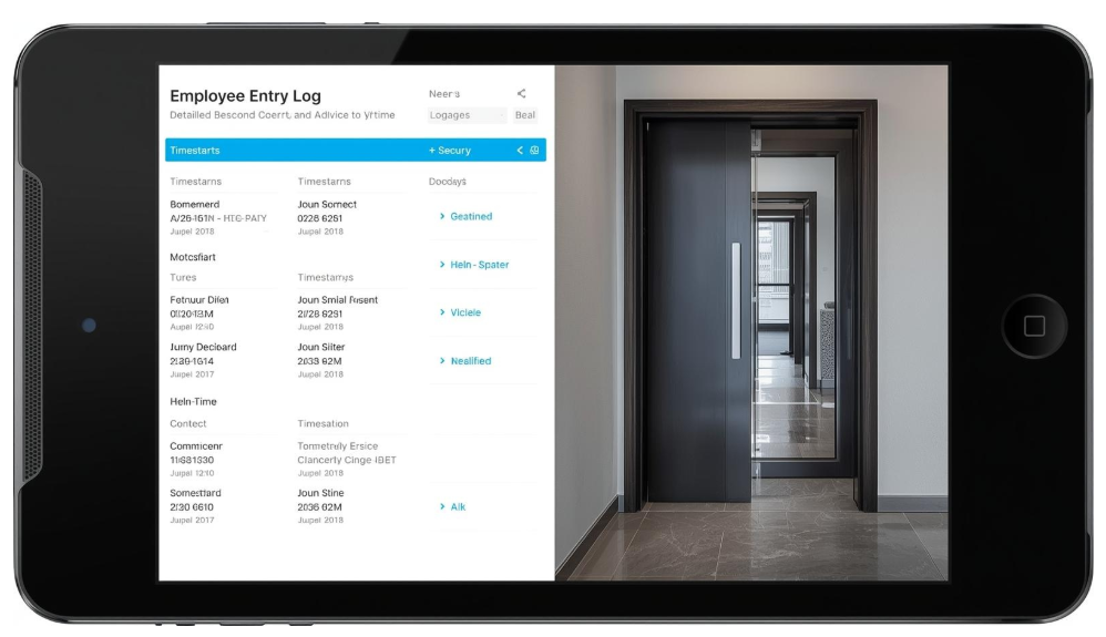 A security dashboard on a tablet showing a split screen with an employee entry log.