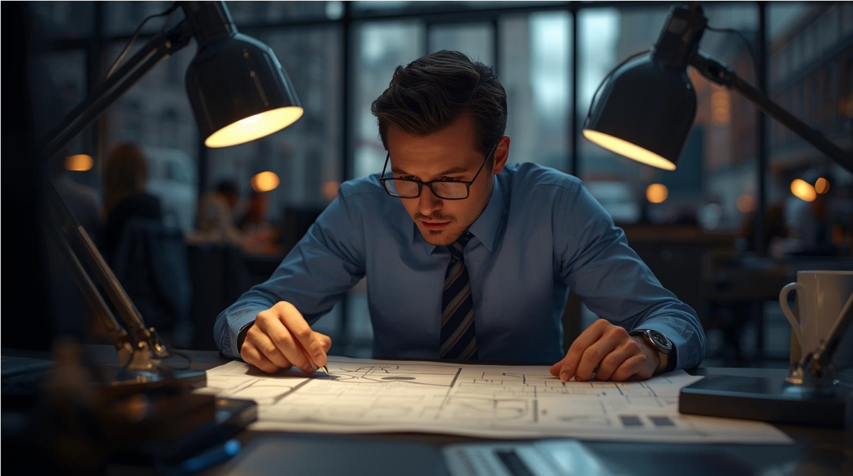 A technician reviewing a blueprint and a price estimate for an access control system installation 