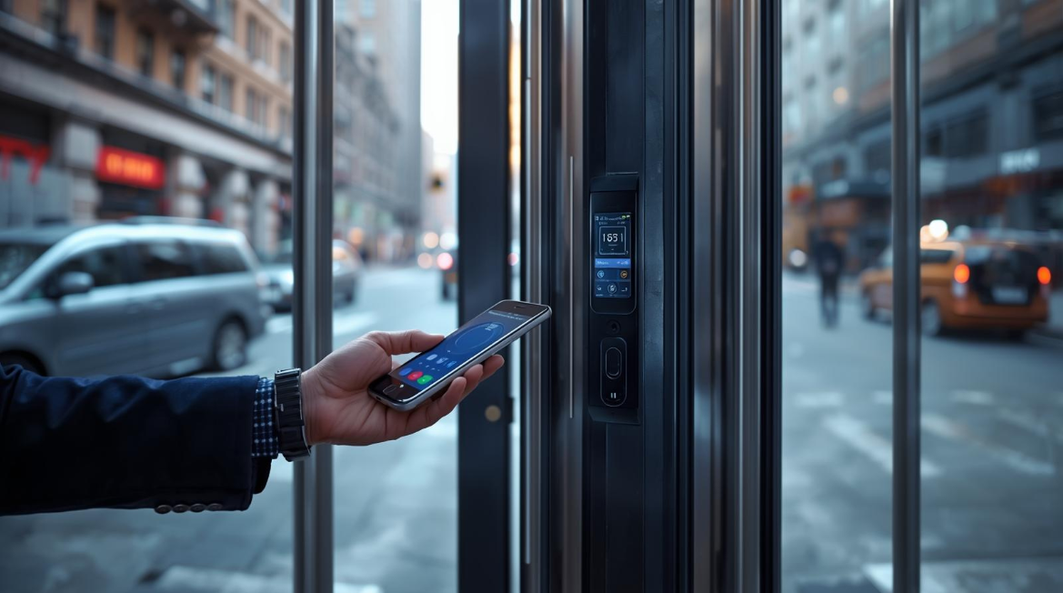 Modern mobile access control reader scanning a smartphone at a secure office entrance in NYC