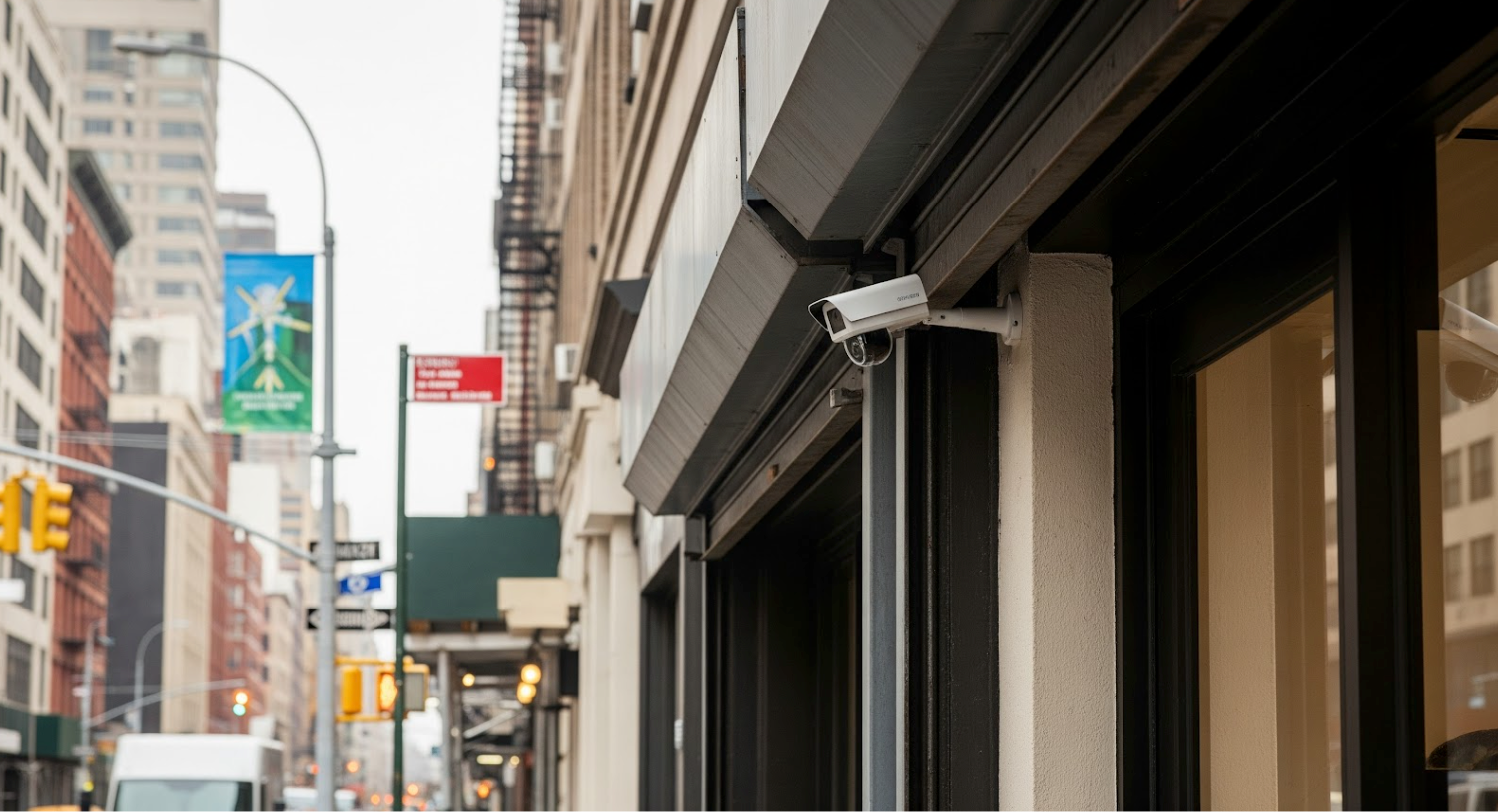 Technician installing a commercial security camera on a NYC office building