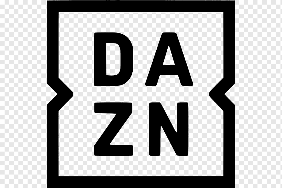 DAZN logo: Black text within a black square frame with inward notches.