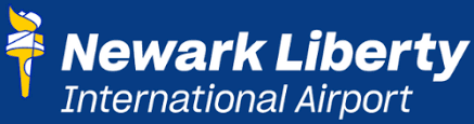 Newark Liberty International Airport logo: torch icon, text on a blue background.