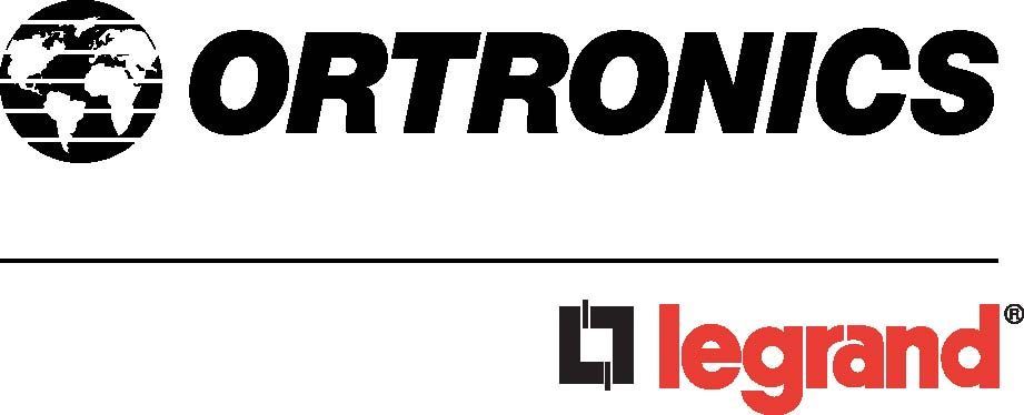 Logo for Ortronics, with a globe, and Legrand in red.