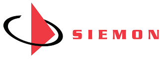 Siemon logo with a red triangle within a black swirl, next to the word