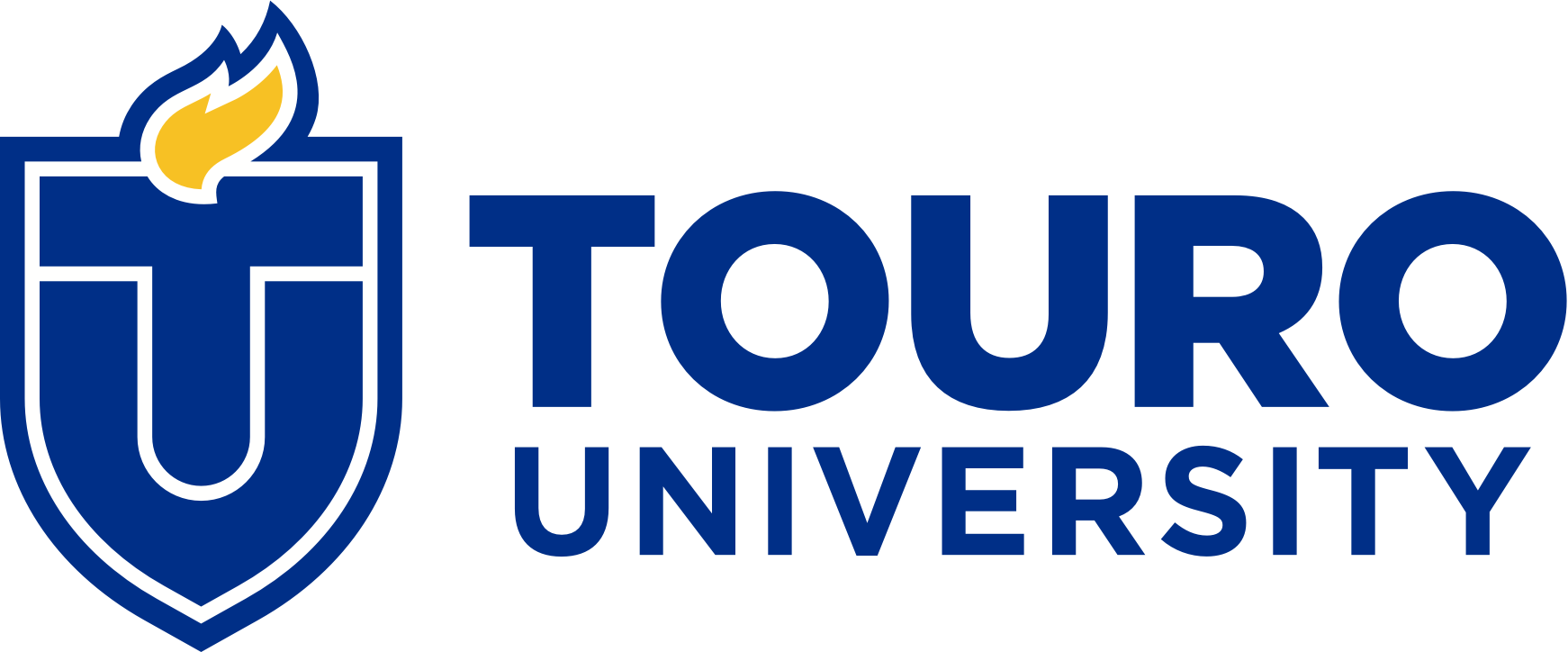 Touro University logo: blue shield with a torch, and the words