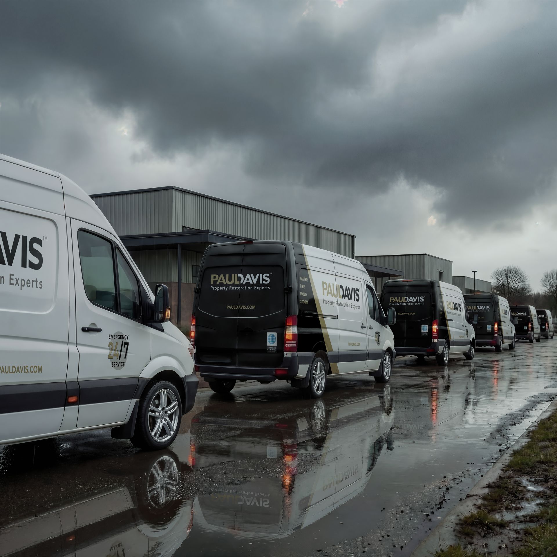 A line of Paul Davis restoration vans parked on a wet, paved lot under a cloudy sky.